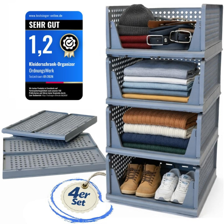 Kleiderschrank Organizer 4er Set – faltbare, stapelbare Aufbewahrungsboxen aus PP Kunststoff für Kle