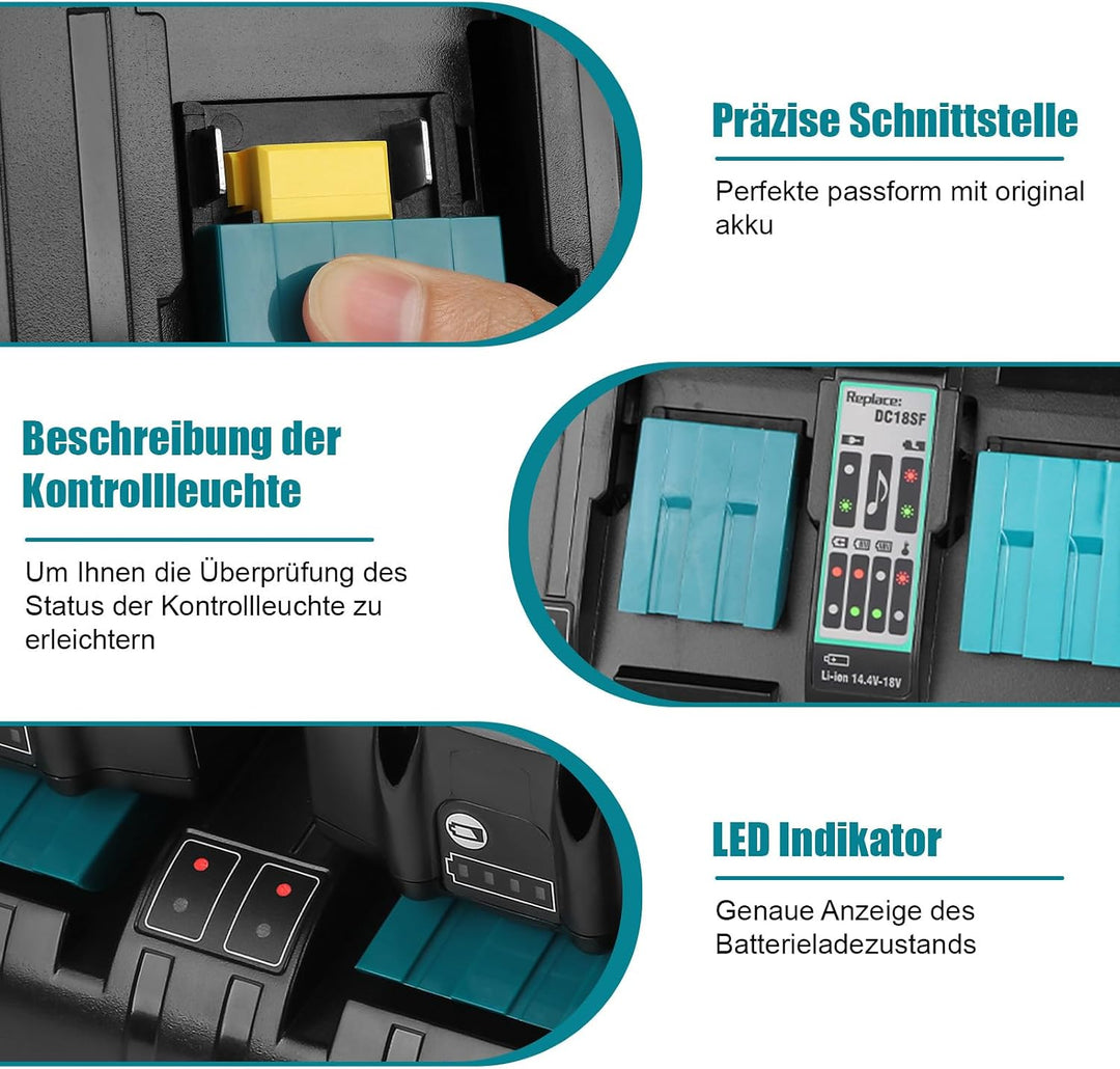 4-Fach Schnellladegerät DC18SF für Makita Ladegerät 18V | Kompatibel mit Makita Akku 18V/14.4V BL185