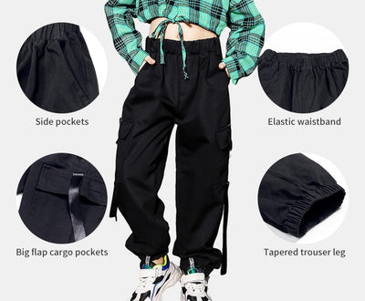 Kinder Cargo Hose Elastische Taille Jogger Hose für Jungen Mädchen Street Hip Hop… Schwarz 134-140,