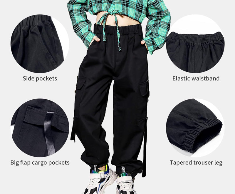 Kinder Cargo Hose Elastische Taille Jogger Hose für Jungen Mädchen Street Hip Hop… Schwarz 134-140,