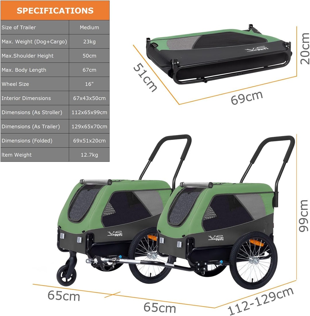 Tiggo VS Medium Hundeanhänger &amp; Buggy 2in1 Fahrradanhänger Hundebuggy Jogger für Hunden bis 23kg Grü