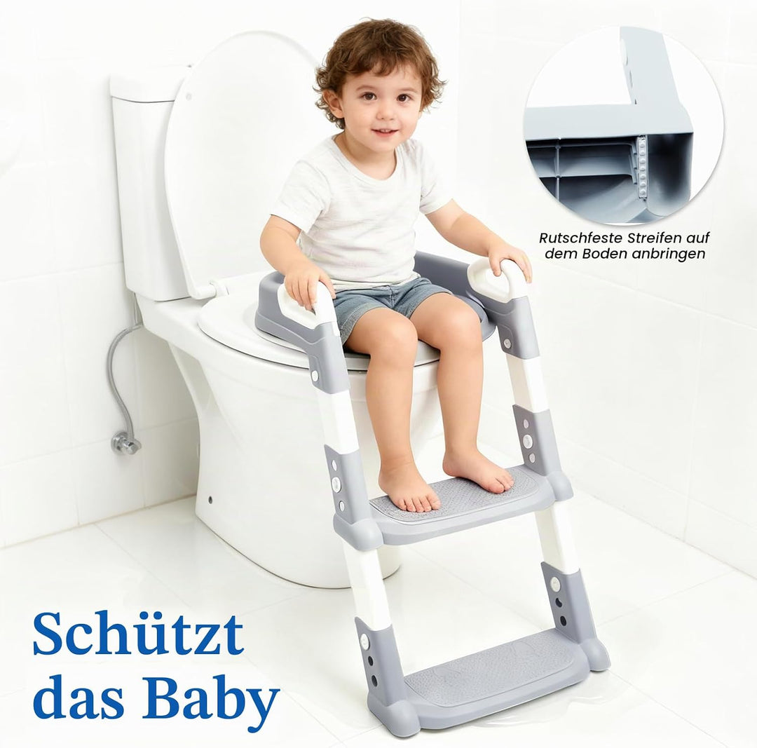 Kinder Toilettensitz mit Leiter – Faltbar, 6-fach höhenverstellbar, PU-Sitz in Grau, rutschfest – Ki