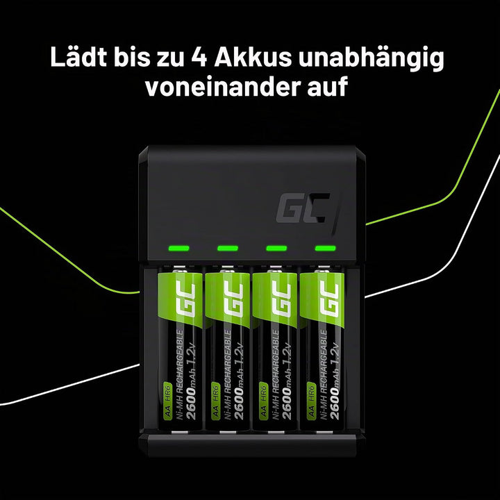 Green Cell VitalCharger Ladegerät + 2X AA 2000mAh + 2X AAA 800mAh für NI-MH AA AAA R6 R03 Mignon Akk