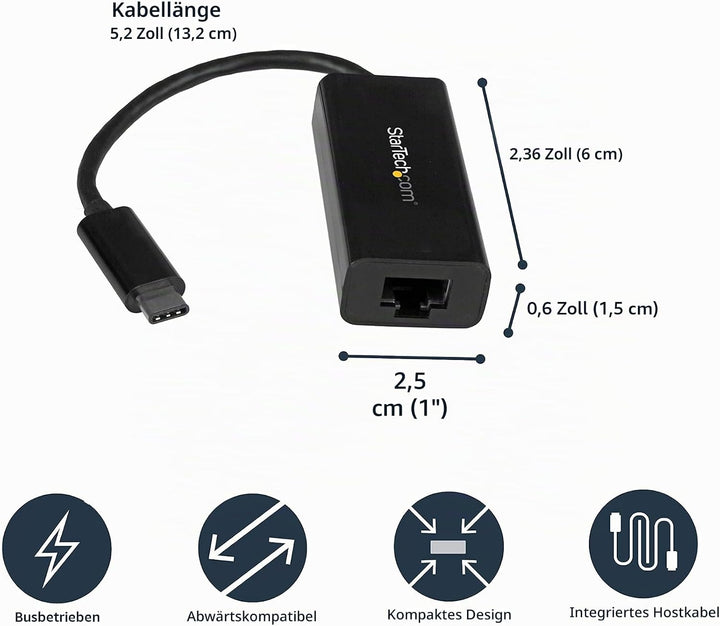 StarTech.com USB-C auf Gigabit Ethernet Adapter - Schwarz - Thunderbolt 3 kompatibel - Windows & Mac