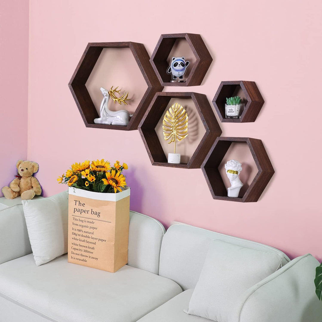 PHOENANCEE Hexagon Wandregal, Wohnzimmer Deko Wand, Holz Hängeregal für Schlafzimmer, 5er-Set(Dunkle