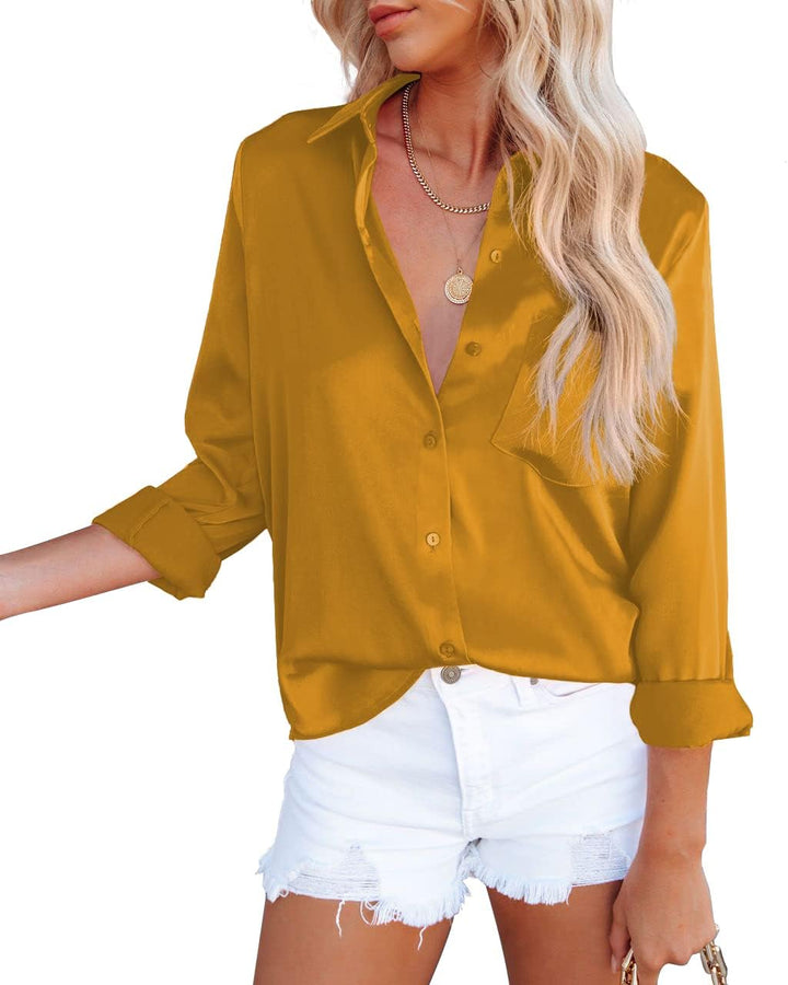 Homlan Damen Bluse Elegant V-Ausschnitt Satin Langarm Casual Oberteile Locker Hemd Einfarbig Lose La