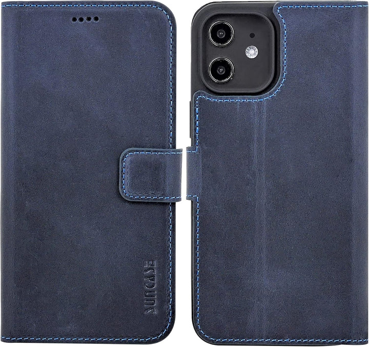 Suncase Book-Style Hülle kompatibel mit iPhone 12 (6.1") Leder Tasche (Slim-Fit) Lederhülle Handytas