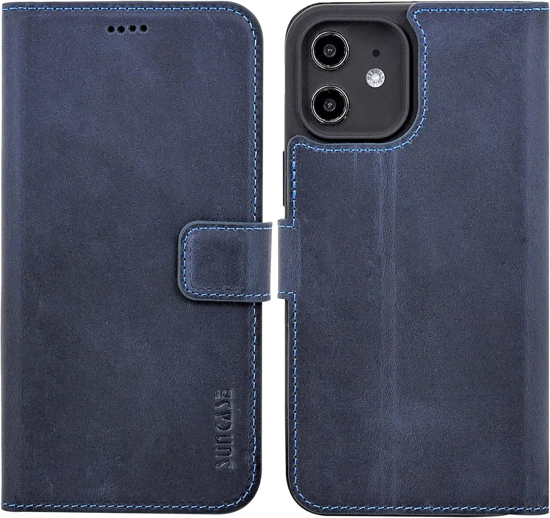Suncase Book-Style Hülle kompatibel mit iPhone 12 (6.1") Leder Tasche (Slim-Fit) Lederhülle Handytas