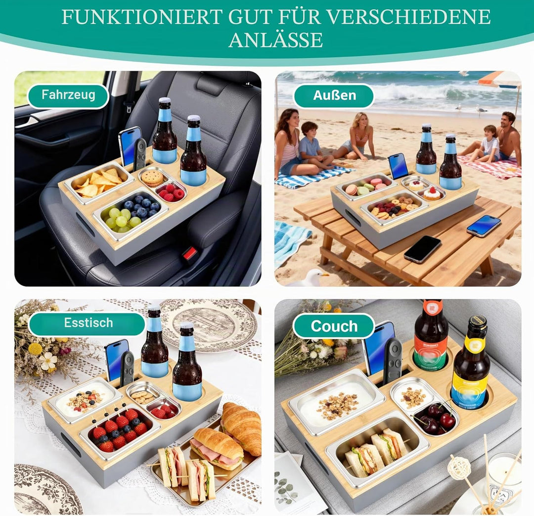 Couchbar Snackbox, Sofa Couch Tablett, Praktischer Sofatablett, mit Fächern, Abnehmbarer Deckel,mit