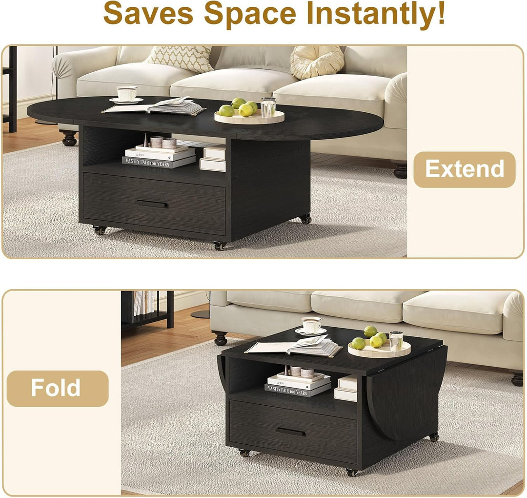 IBF Klappbarer Couchtisch mit Stauraum Holz Oval Wohnzimmer Tisch mit Schublade Modern Ausziehbarer