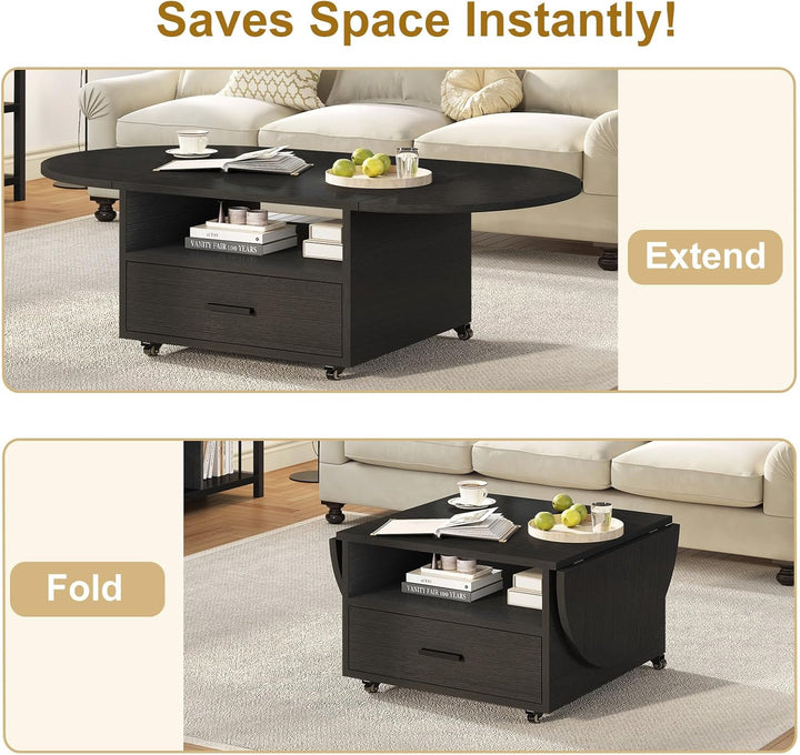 IBF Klappbarer Couchtisch mit Stauraum Holz Oval Wohnzimmer Tisch mit Schublade Modern Ausziehbarer