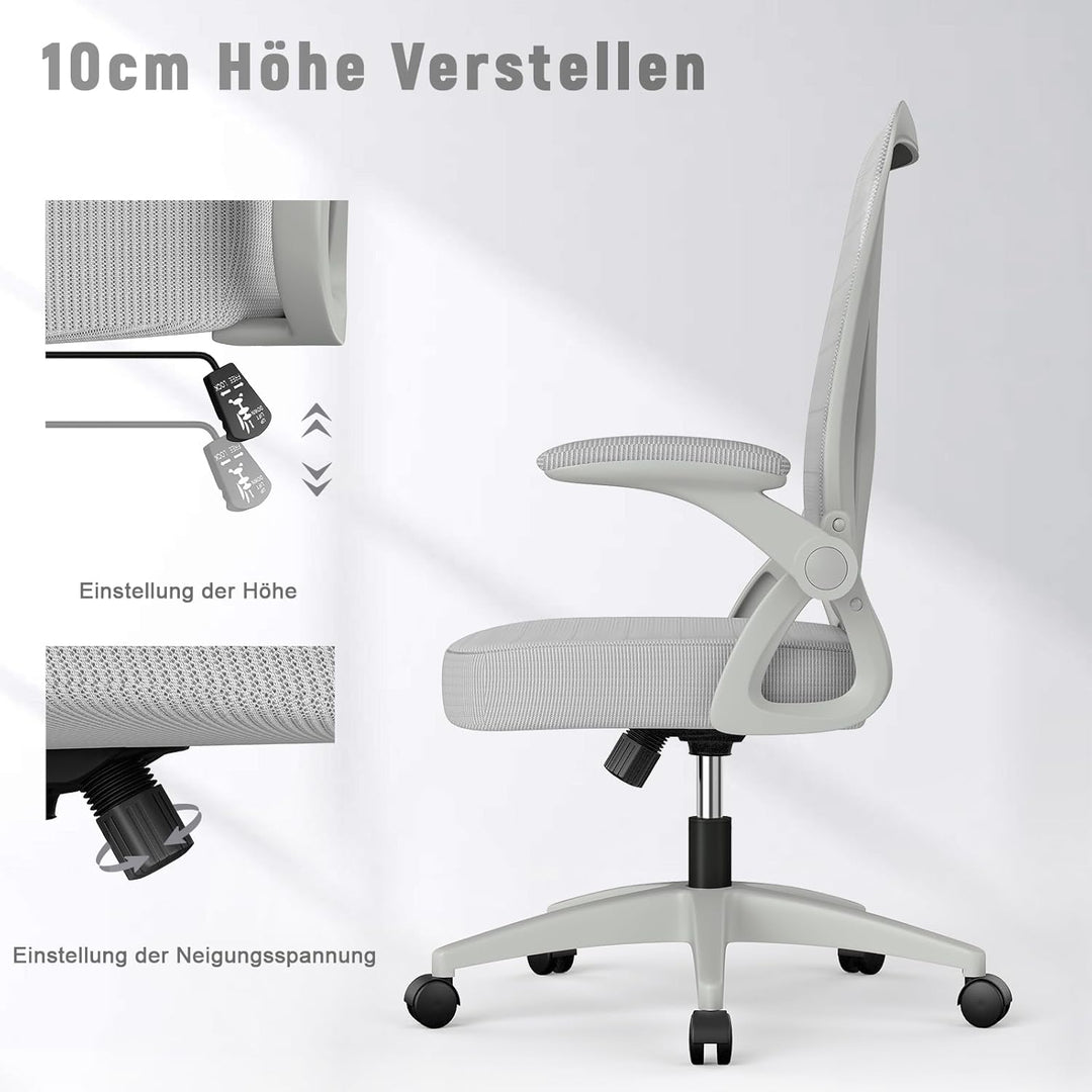 rattantree Bürostuhl mit Hochklappbaren Armlehnen, Ergonomischer Schreibtischstuhl mit Lendenwirbels
