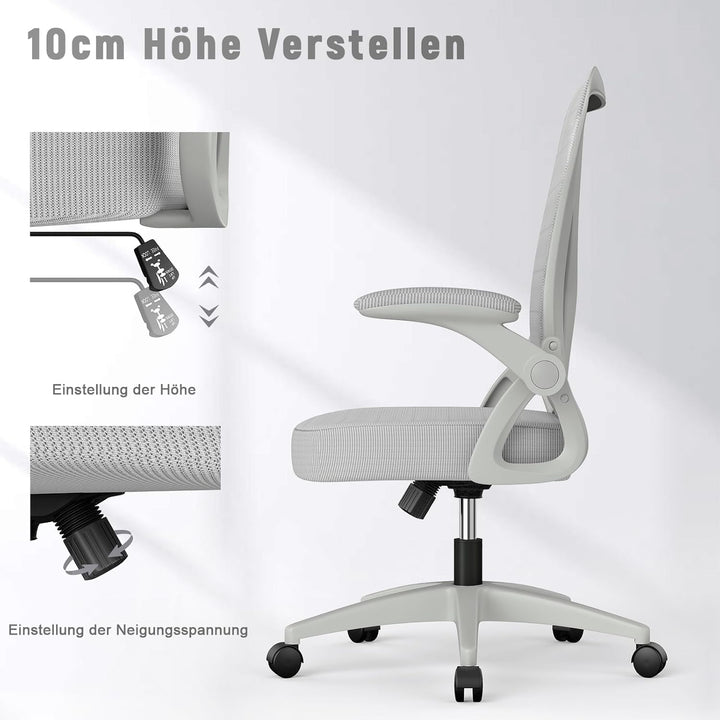rattantree Bürostuhl mit Hochklappbaren Armlehnen, Ergonomischer Schreibtischstuhl mit Lendenwirbels