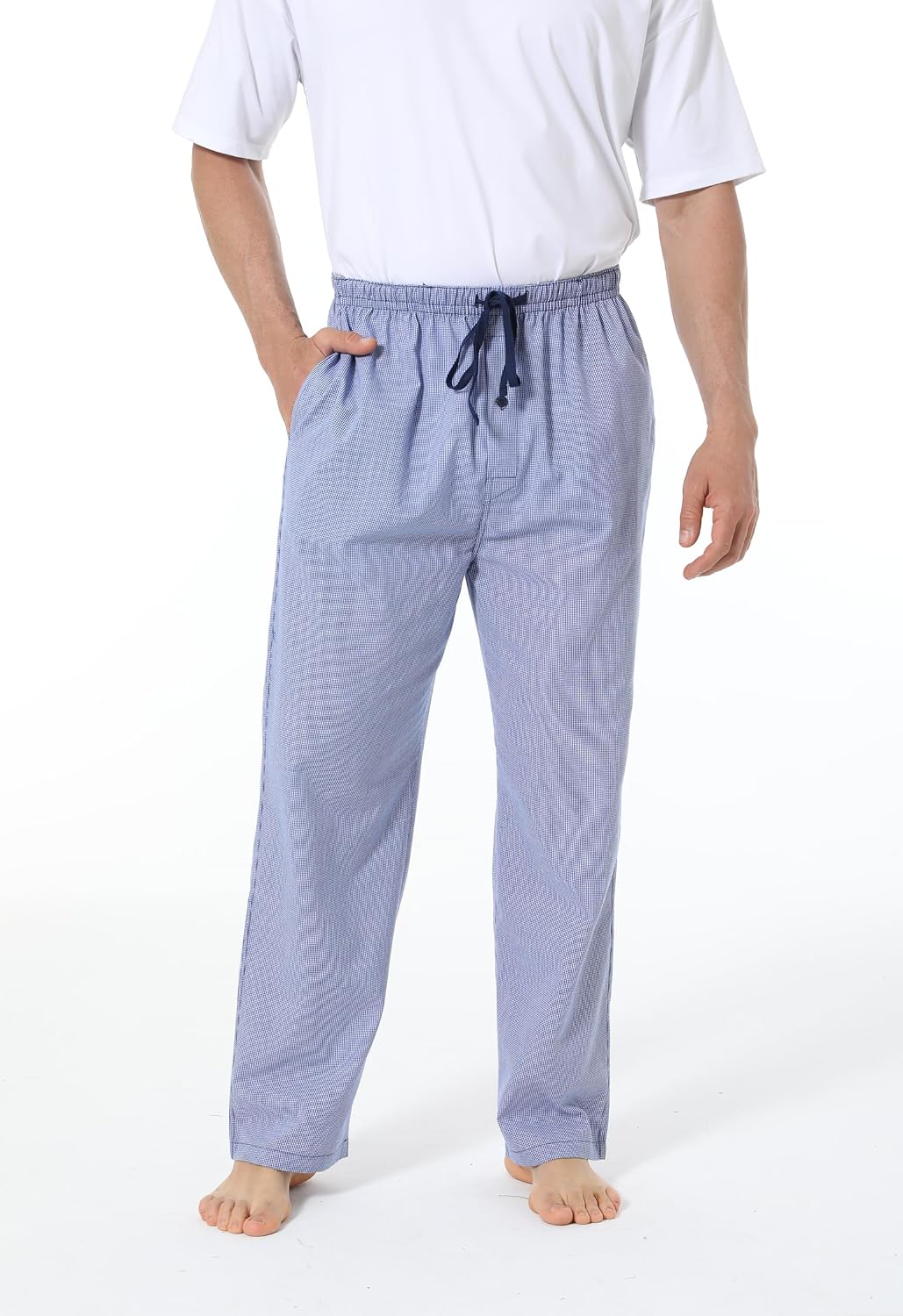 Herren 100% Baumwolle Pyjamahose, Gewebte kariert Schlafhose Loungewear Pyjama Hose mit Taschen S He