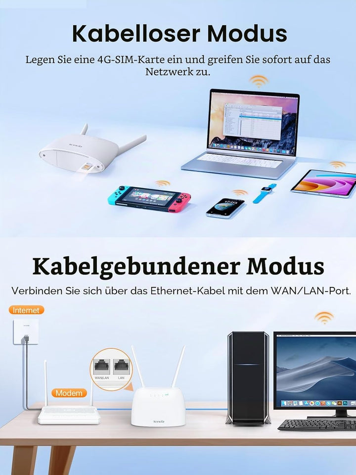 Tenda 4G06 4G VoLTE WLAN Router für SIM Karten (150 Mbit/s im Download, 50 Mbit/s im Upload, 300 Mbi