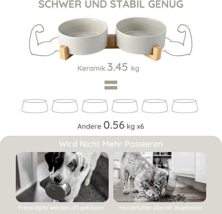 SPUNKYJUNKY Hundenapf Keramik Doppel Hund Futternapf mit Bambus Ständer für Grosse Hunde (1800ml, Gr