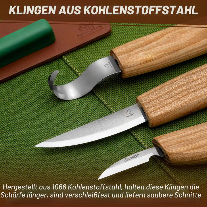 BeaverCraft S13 Holzschnitzerei Werkzeuge Set für Löffelschnitzen 3 Messer in Werkzeugsrolle Abziehr