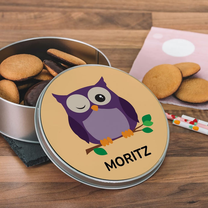 stempel-fabrik Geschenkdose Rund mit Aufdruck - Eule - Personalisiertes Geschenk - Keksdose mit Tier