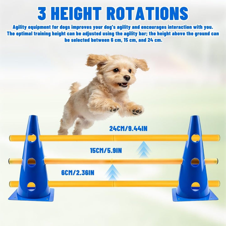 Steckhürden Set für Agility Training, 5 Stück Hindernisse mit 10 Kegel 23cm Höhe und 5 Stangen 80cm