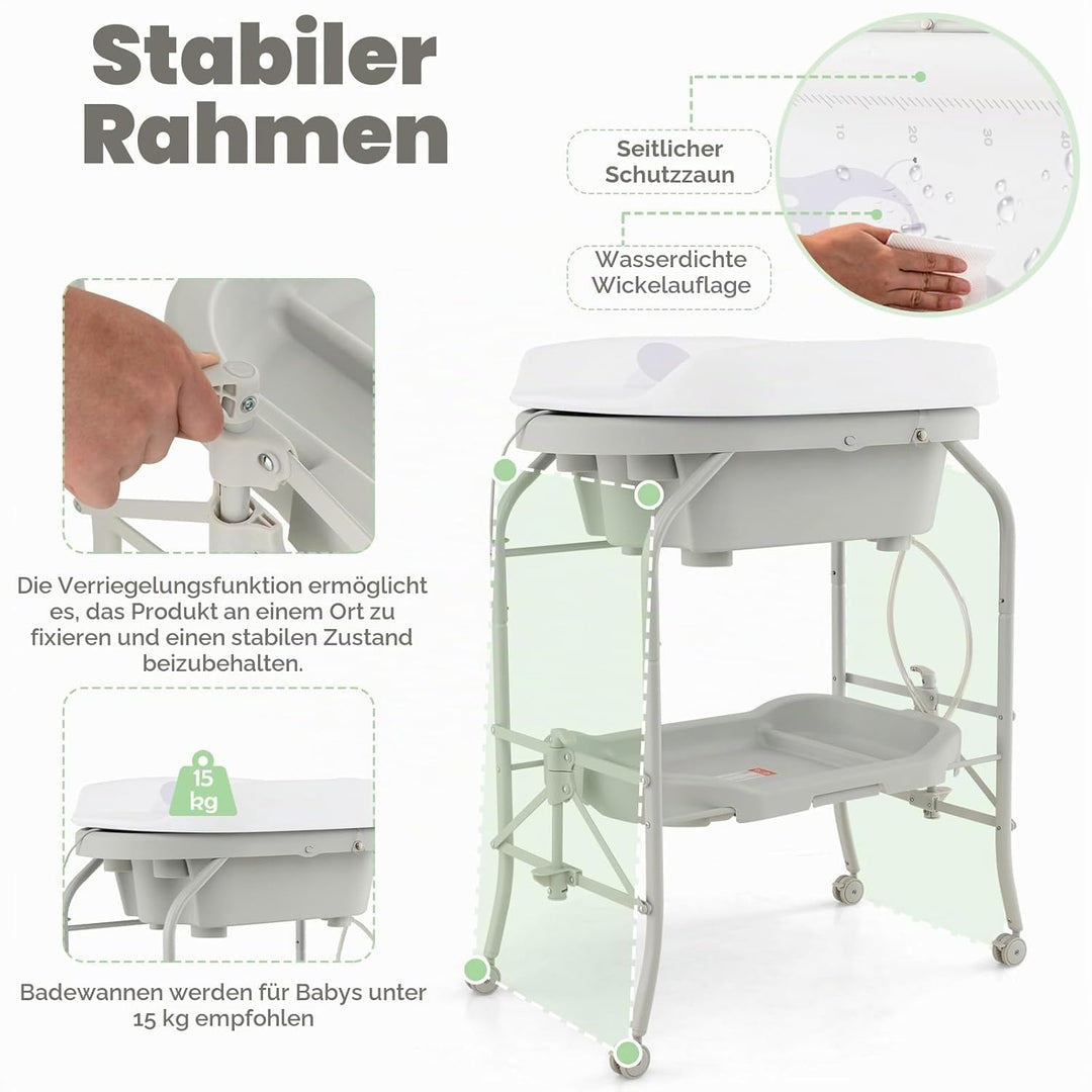 LIFEZEAL Wickeltisch mit Badewanne, 2 in 1 Flatbare Bade-Wickelkombination auf Räder, Badewannenaufs