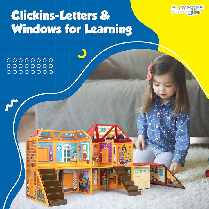 Playmags Magnetisches Bauspielzeug, Spielhaus-Bauset, 48 Magnetfliesen, Spielen und Bauen Sie kleine