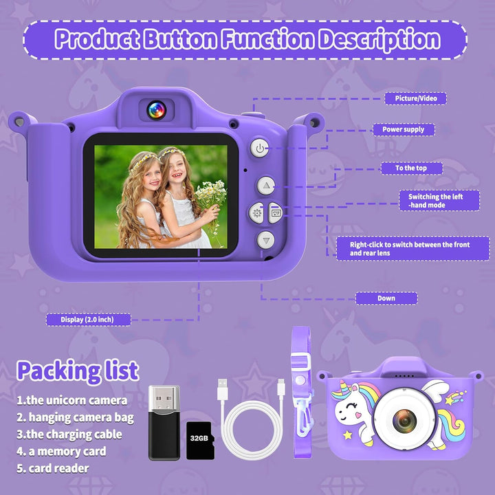 MYSTILUCK Kinderkamera, 1080P HD Digitalkamera für Kinder mit 2,0"-Bildschirm &amp; 32GB-Karte, Fotoappa