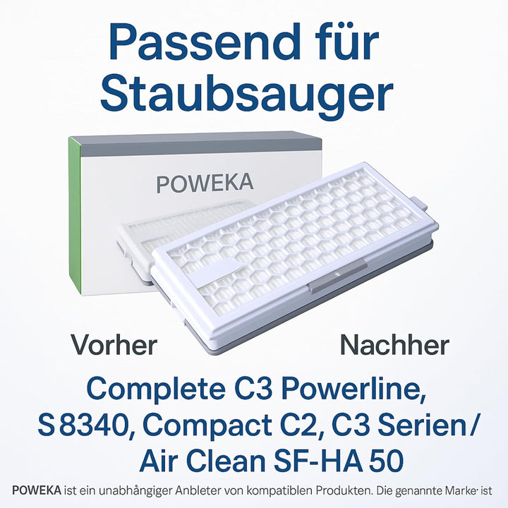 POWEKA 2 x HEPA AirClean 50 Filter Kompatibel mit Miele Staubsaugern der C1 C2 C3 und S-Serie S8340