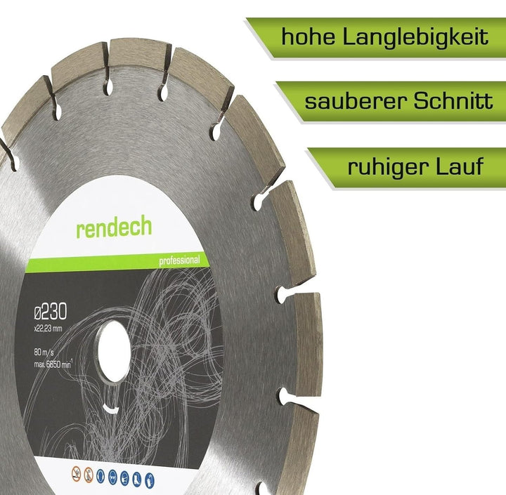 rendech® Profi Diamantscheibe 230mm für Stein, Beton, Granit, Ziegel uvm. - Diamanttrennscheibe mit