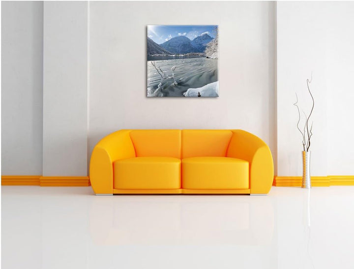 Winterlandschaft See, Format: 70x70 auf Leinwand, XXL riesige Bilder fertig gerahmt mit Keilrahmen,