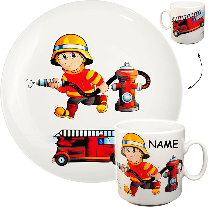 alles-meine.de GmbH 2 TLG. Set grosser Teller/Kinderteller + Henkeltasse - Feuerwehr - Feuerwehrmann