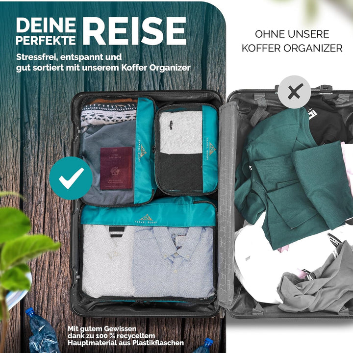TRAVEL BUDDY® Koffer Organizer Set - 100% Recycling Material - Ultra leicht & waschbar - 6 Packtasch
