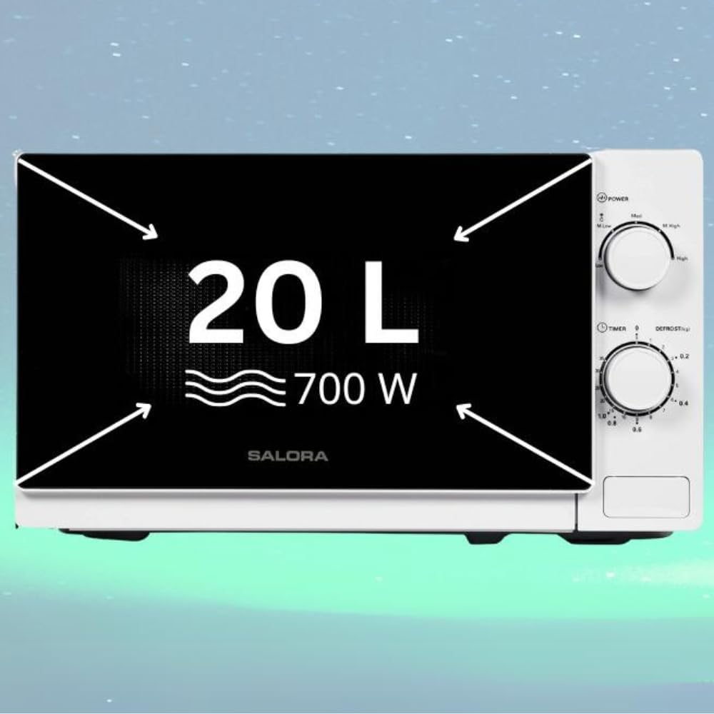 Salora 20MSM700 Mikrowelle 20L, 700W, Einfach zu Bedienen, 5 Leistungsstufen, Auftaufunktion, 35 Min