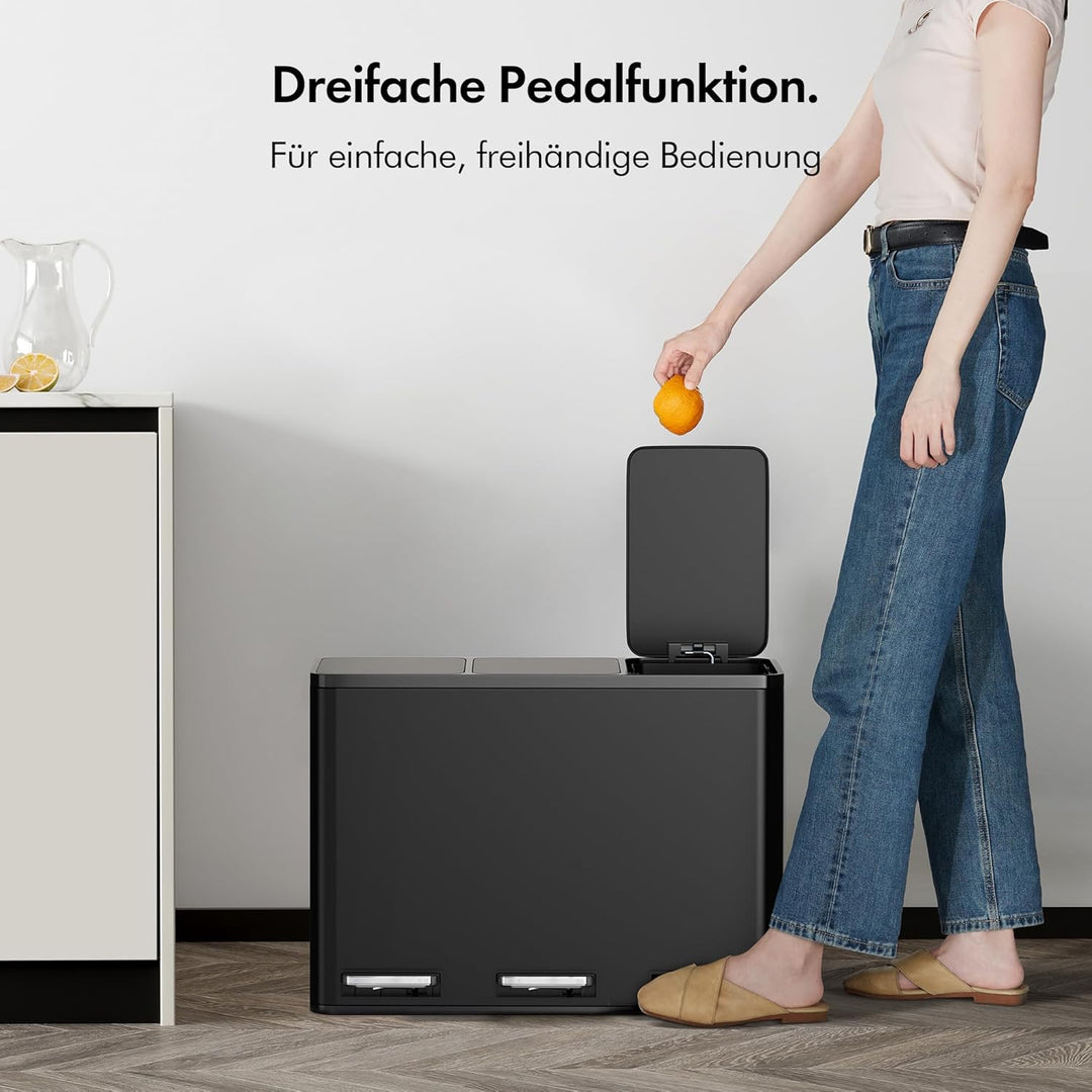 VonHaus Mülleimer Küche 3 Fächer, 45L Recycling Mülltrennsystem – Abfalleimer Biomüll, Rutschfester