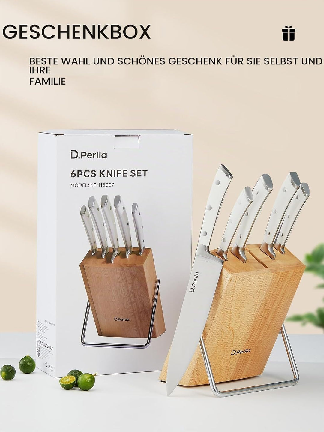 D.Perlla Messerblock Set 6 teilig Messerset mit Holzblock Küchenmesser Set mit Scharfe Klingen, Edel