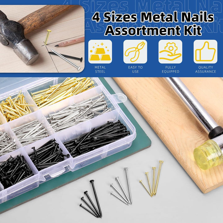 Glarks 900pcs 20/25/30/38mm Länge Nagel Sortiment Kit, Schwarz Silber Gold Farben hängende Nägel, Fi