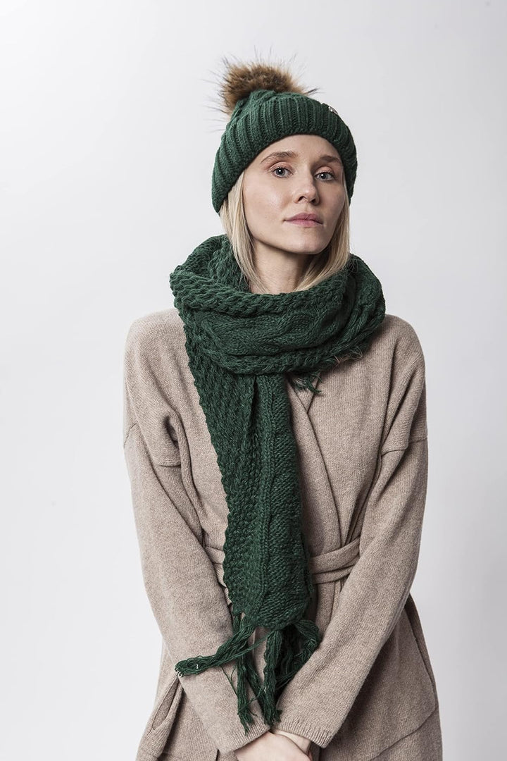 ELIMELI® Winter Mütze Damenmütze mit Fell-Bommel Fleece Innenfutter gefüttert - warme Damen Bommelmü