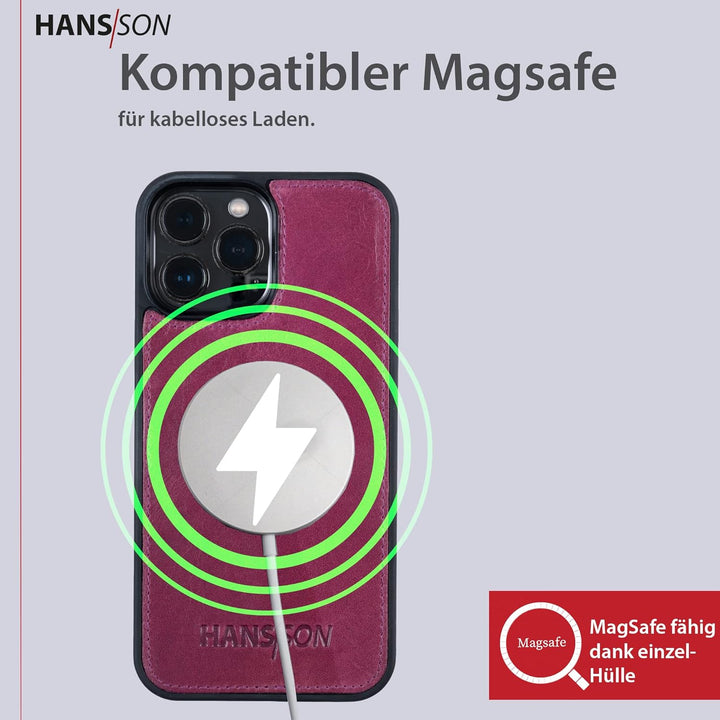 HANS/SON Hülle aus Echtleder mit Kartenfächern | iPhone 12 Pro Max Klapphülle in Magenta | Geldbeute