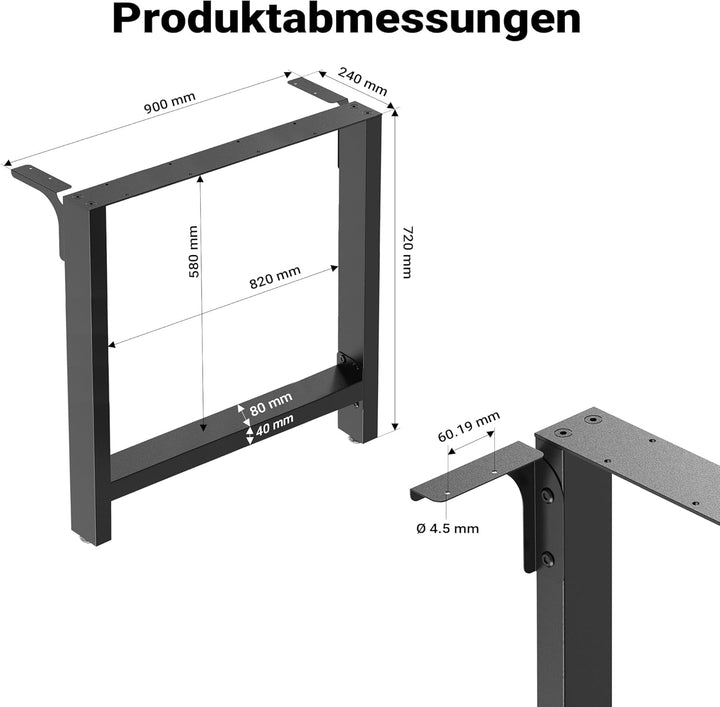 Wiltec Tischbeine aus Stahl 2er Set 90x72cm Vierkantrohre in schwarz pulverbeschichtet Tischkufen Ti