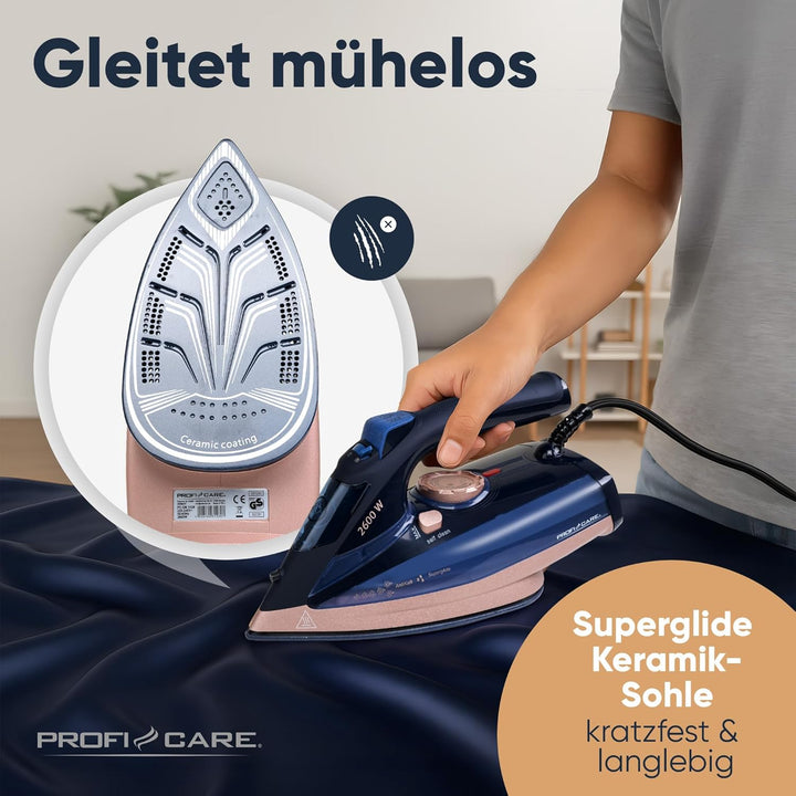ProfiCare® Bügeleisen 2600 Watt | Dampfbügeleisen mit Keramik-Sohle | 7 Funktionen | 300ml Wassertan