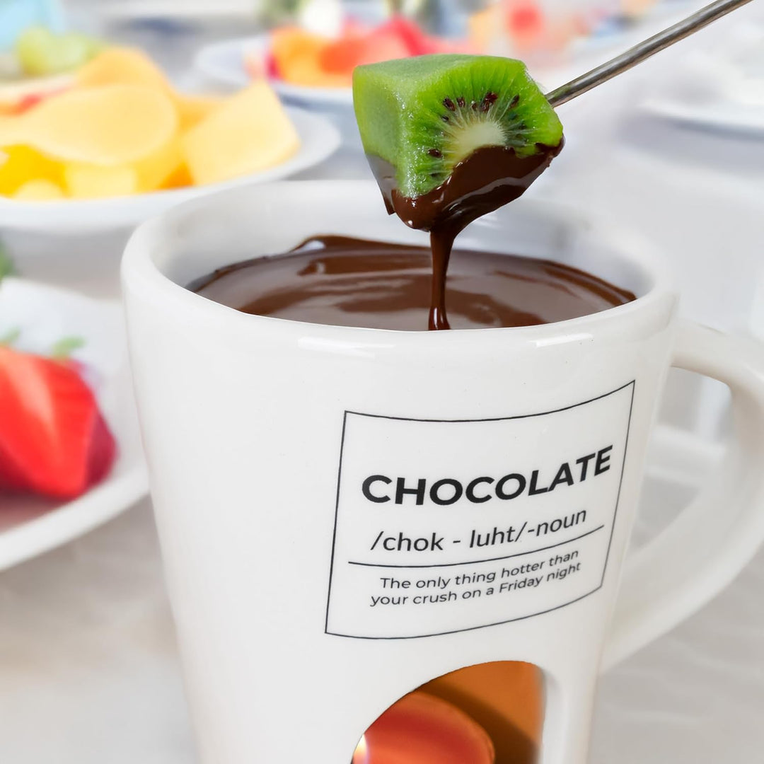 Fisura - Fondue Tasse für Schokolade und Käse, weisse Keramiktasse 140 ml mit Gabel, originelle Gesc