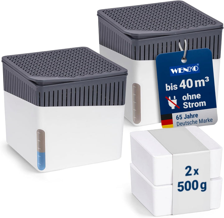 WENKO Raumentfeuchter Cube 500 g weiss, 2er Feuchtigkeitskiller Feuchtigkeits-Stopper reduziert Schi