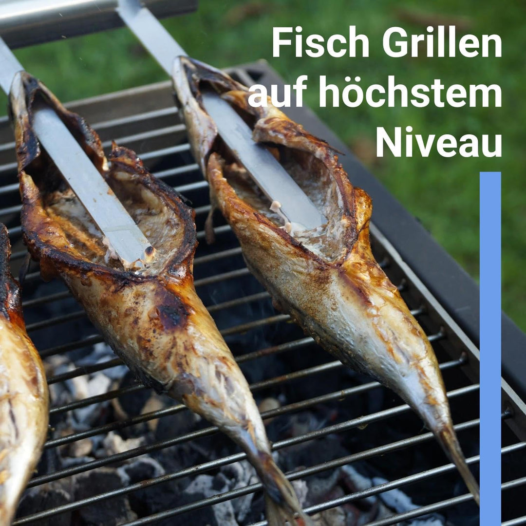 Premium Steckerlfisch Grillhalter für Gas- &amp; Kohlegrills - Platz für 4 Fische - Fisch Grill Aufsatz
