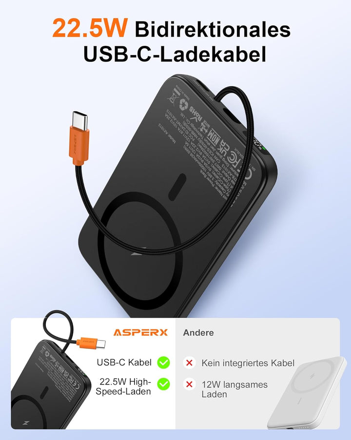 AsperX Magnetische Powerbank für Magsafe: 10000mAh Klein Wireless Power Bank mit 22.5W USB-C Kabel,