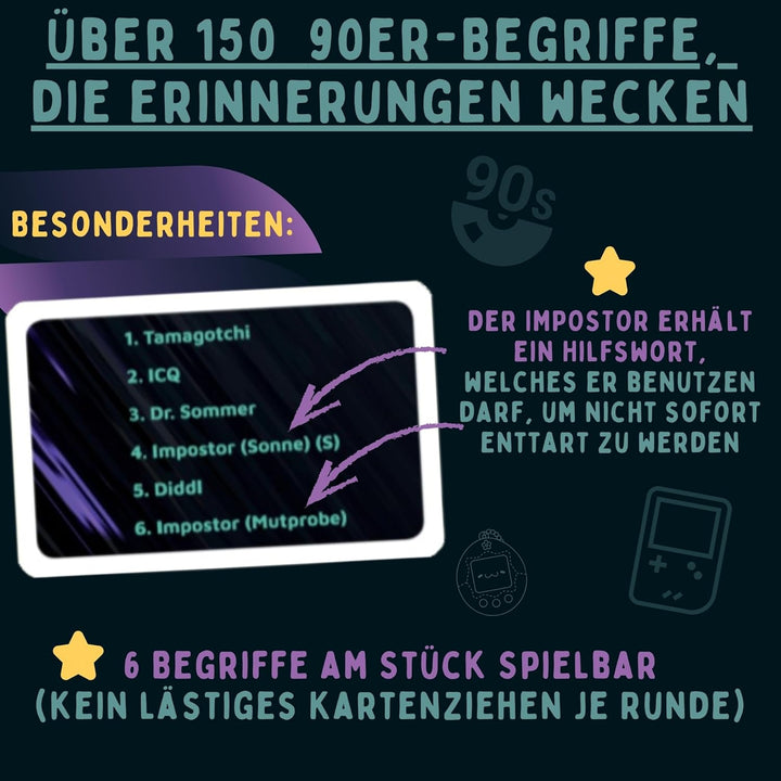 Impostor – Das Party Wortspiel 90er Edition inkl. Hilfsbegriffe | Lustiges Gesellschaftsspiel & Kart