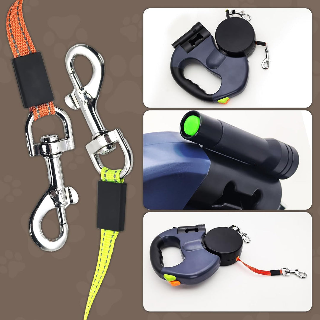 Hundeleine für 2 Hunde, Automatisch Einziehbare Hunde Leine mit Taschenlampe und Taschenspender, Dop