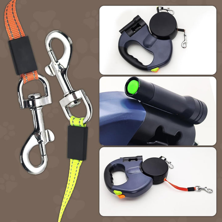 Hundeleine für 2 Hunde, Automatisch Einziehbare Hunde Leine mit Taschenlampe und Taschenspender, Dop