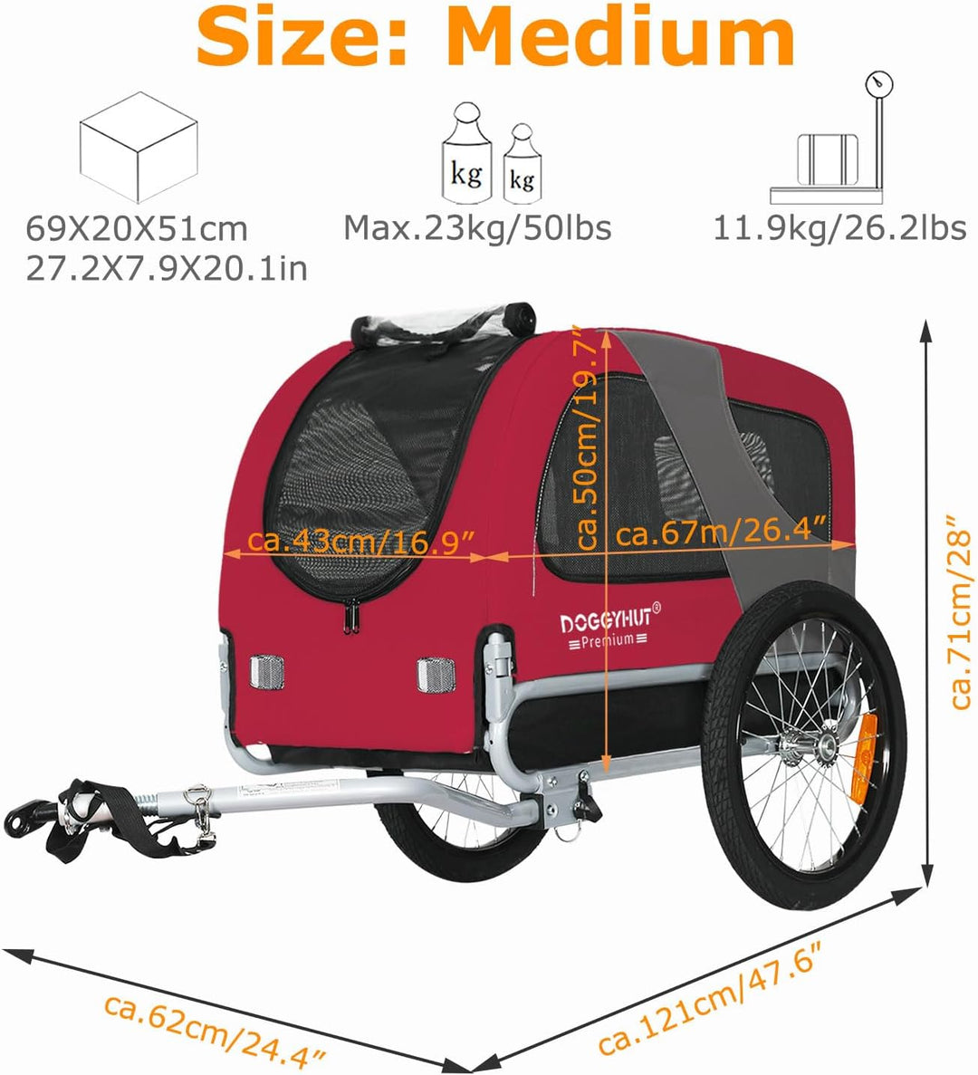 DOGGYHUT® Premium MEDIUM Fahrrad Hundeanhänger für Hunde bis 23 kg Fahrradanhänger Klappbar ROT, ROT