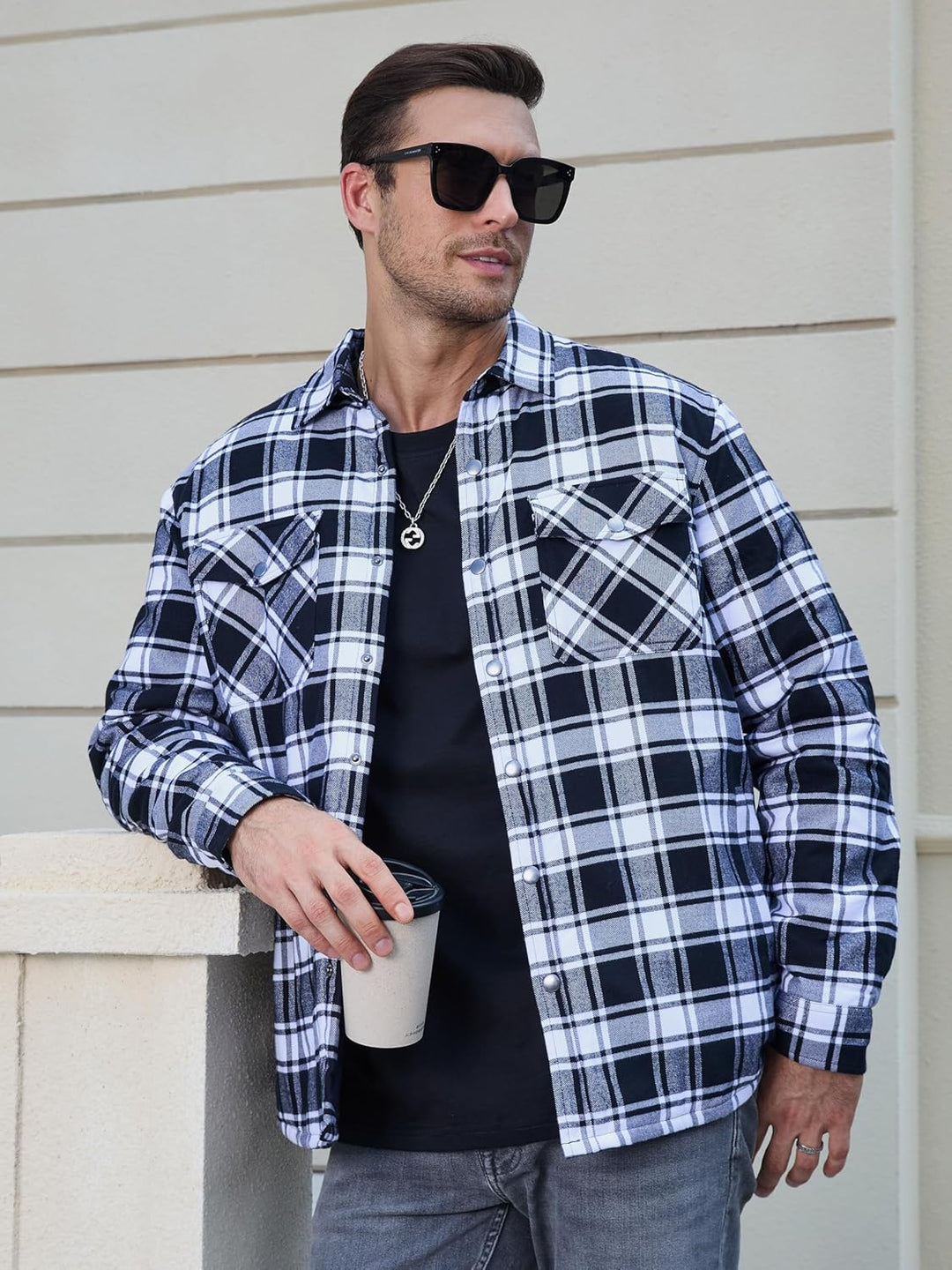 TACVASEN Herren Karierte Hemdjacke Flanellhemd Holzfällerhemd Thermohemd Jacke M Schwarz, M Schwarz