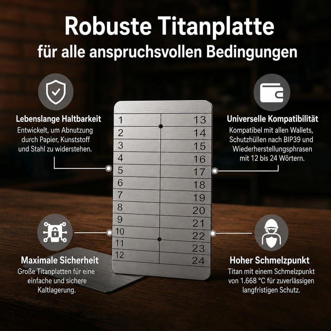 Hooe England Crypto Seed Storage 2 x Lazer Gravierte Kalt Titan Metallplatte Brieftasche Stanzbar od