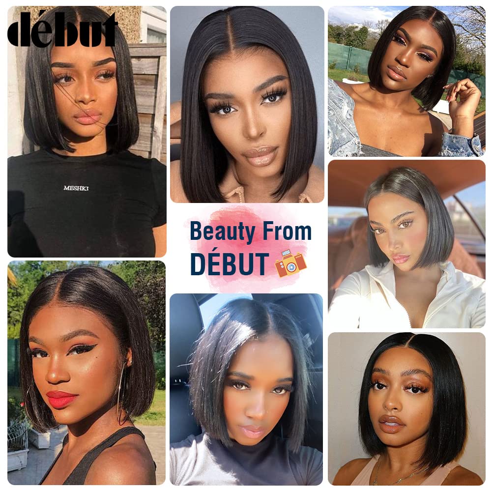 DÉBUT Glatte Bob Perücke, Echthaar, T-Teil, Spitzenfront, Bob-Perücke, vorgezupft, mit Babyhaar, 150